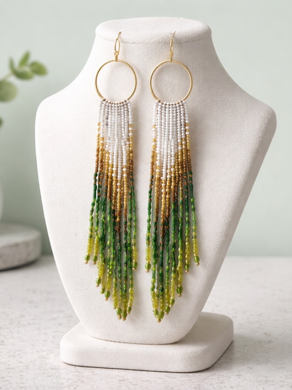 Boho Western Beaded Statement Earrings 5” Gold Tribal Cowgirl Festival Jewelry